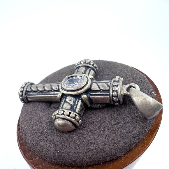 VTG Sterling Silver 925 Oval Cubic Zirconia Cross Pendant Size 1.75" Length - Picture 3 of 9